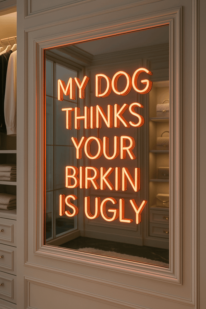 Bold glass neon sign reading 'My Dog Thinks Your Birkin is Ugly,' designed in Los Angeles in vibrant colors.
