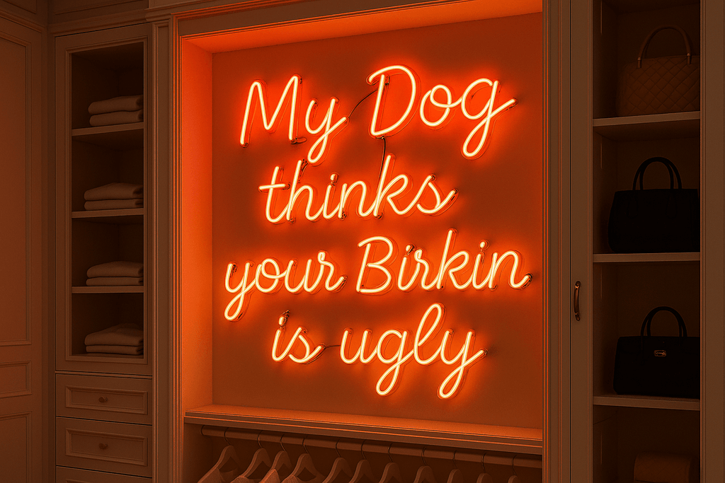 Bold 'My Dog Thinks Your Birkin is Ugly' real glass neon sign in vibrant orange, designed in Los Angeles.