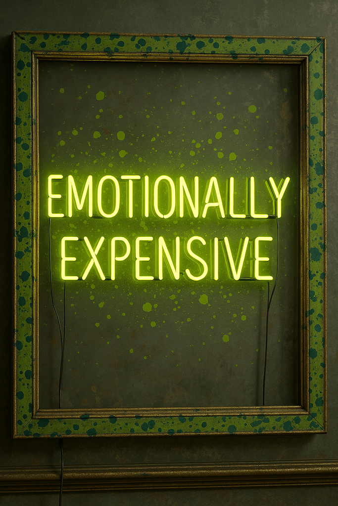 Custom glass neon sign 'Emotionally Expensive' framed in a vibrant green and blue design, made in Los Angeles.