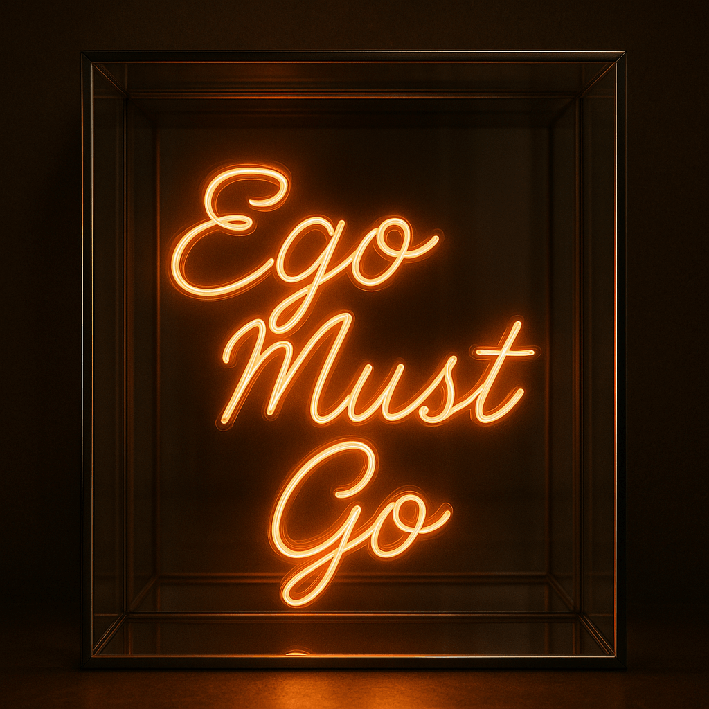 Ego Must Go LED neon sign in bright orange, real glass wall art with a witty catchphrase for stylish decor.