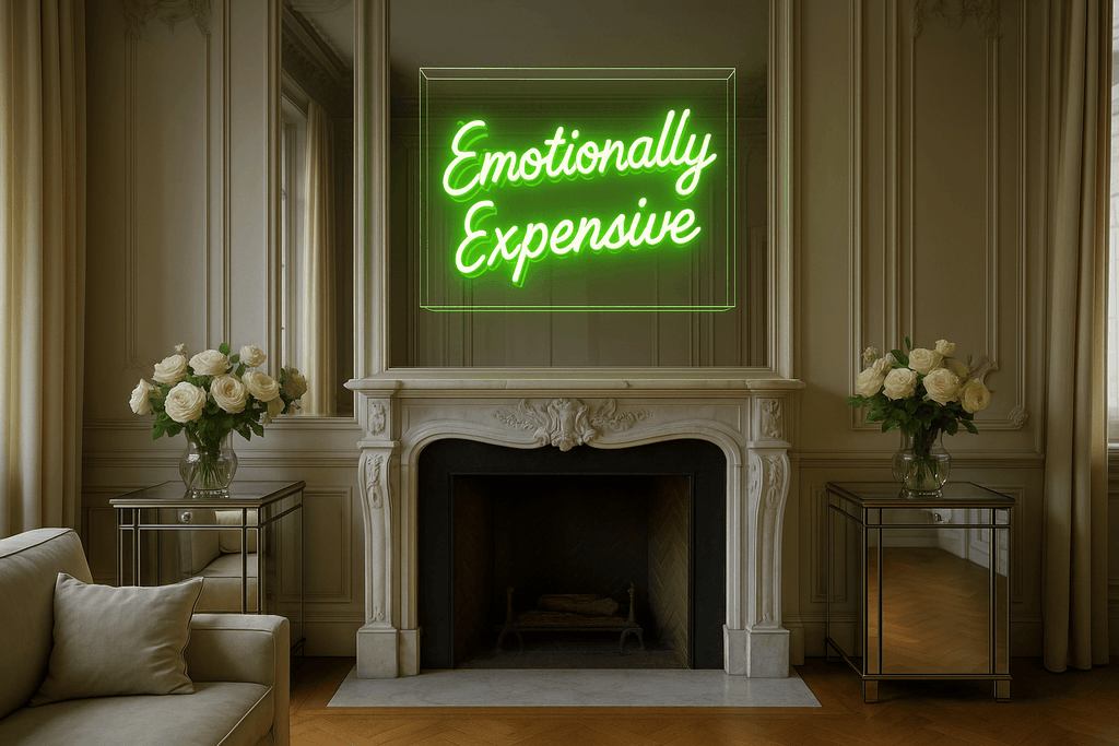 Custom glass neon sign 'Emotionally Expensive' illuminating a stylish interior with elegant decor.