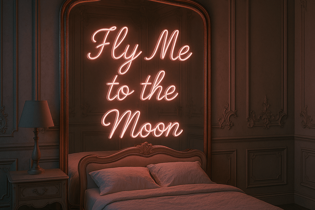 Custom blush pink 'Fly Me to the Moon' LED neon sign in stylish bedroom setting, perfect wall art for a chic decor.