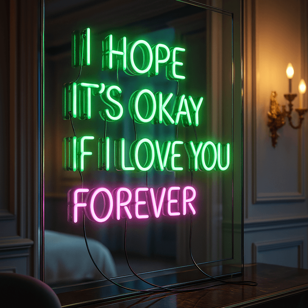 Custom glass neon sign 'I hope it's okay if I love you forever' in vibrant green and pink hues, handmade in Los Angeles.