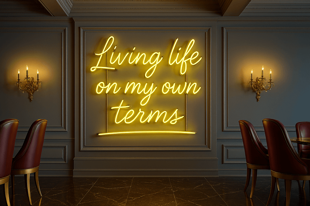 Custom glass neon sign "Living life on my own terms" in vibrant gold, designed to inspire and motivate in any space.