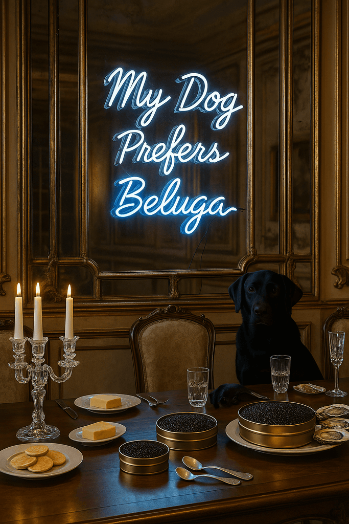 Neon art sign 'My Dog Prefers Beluga' illuminating a dining table, featuring a dog and elegant decor.