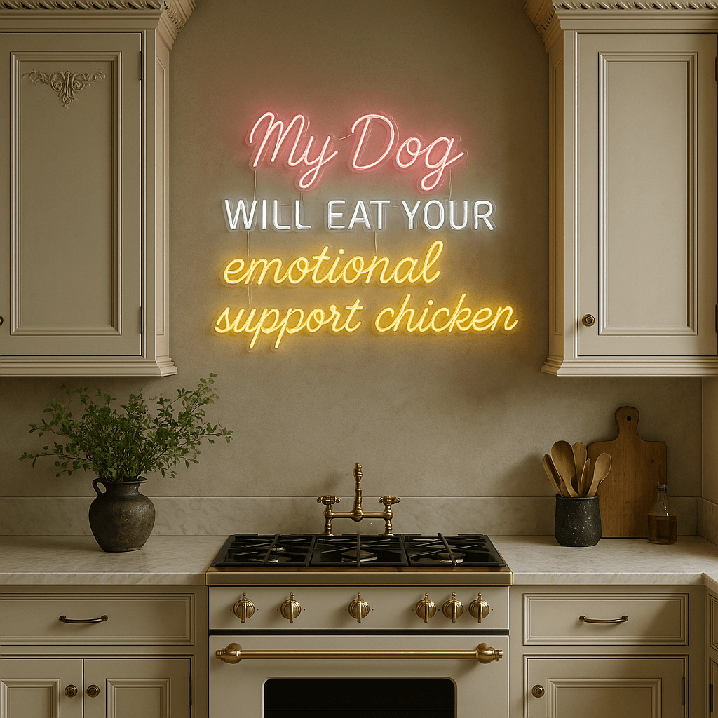 Edgy real glass neon sign 'My Dog Will Eat Your Emotional Support Chicken' in a stylish kitchen, made in LA.