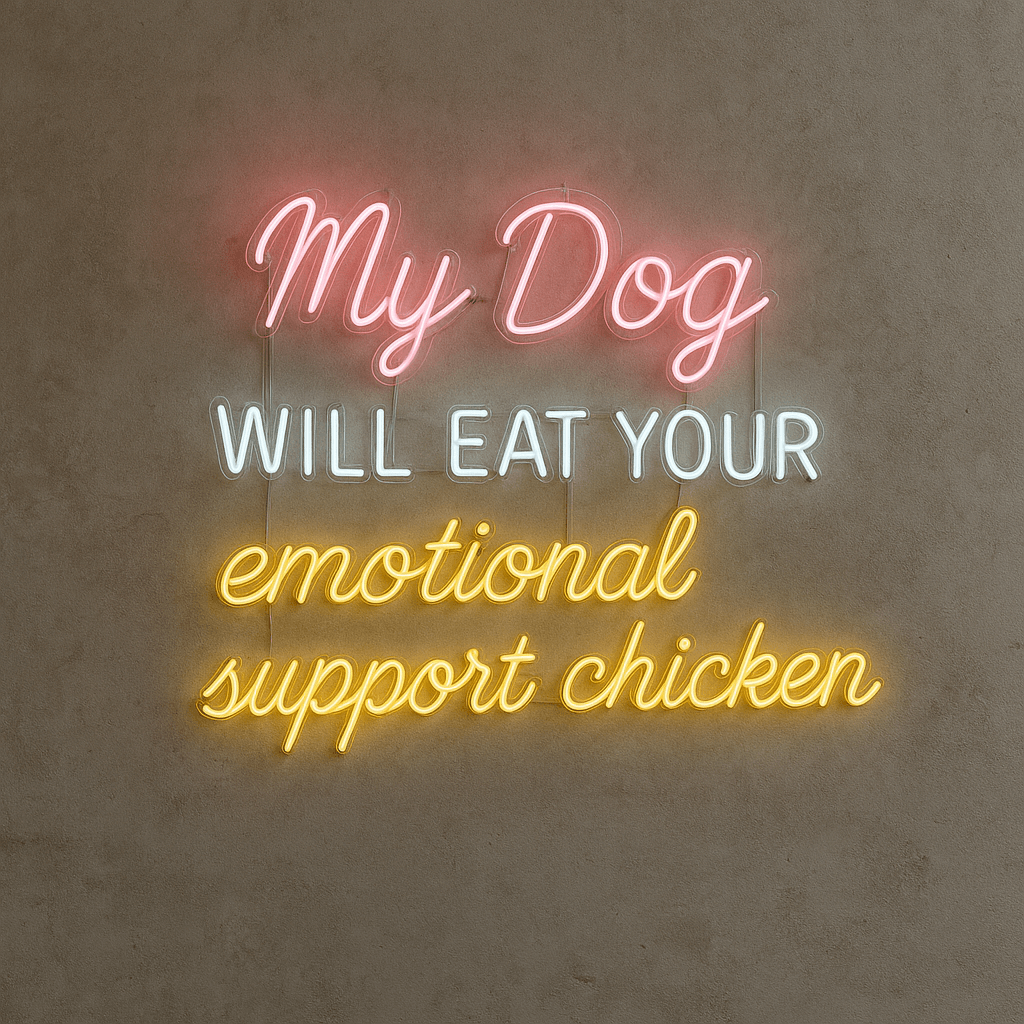 Bright, playful real glass neon sign saying 'My Dog Will Eat Your Emotional Support Chicken', designed in Los Angeles.