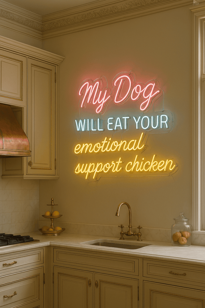 My Dog Will Eat Your Emotional Support Chicken real glass neon sign in a kitchen, vibrant colors, made in Los Angeles.