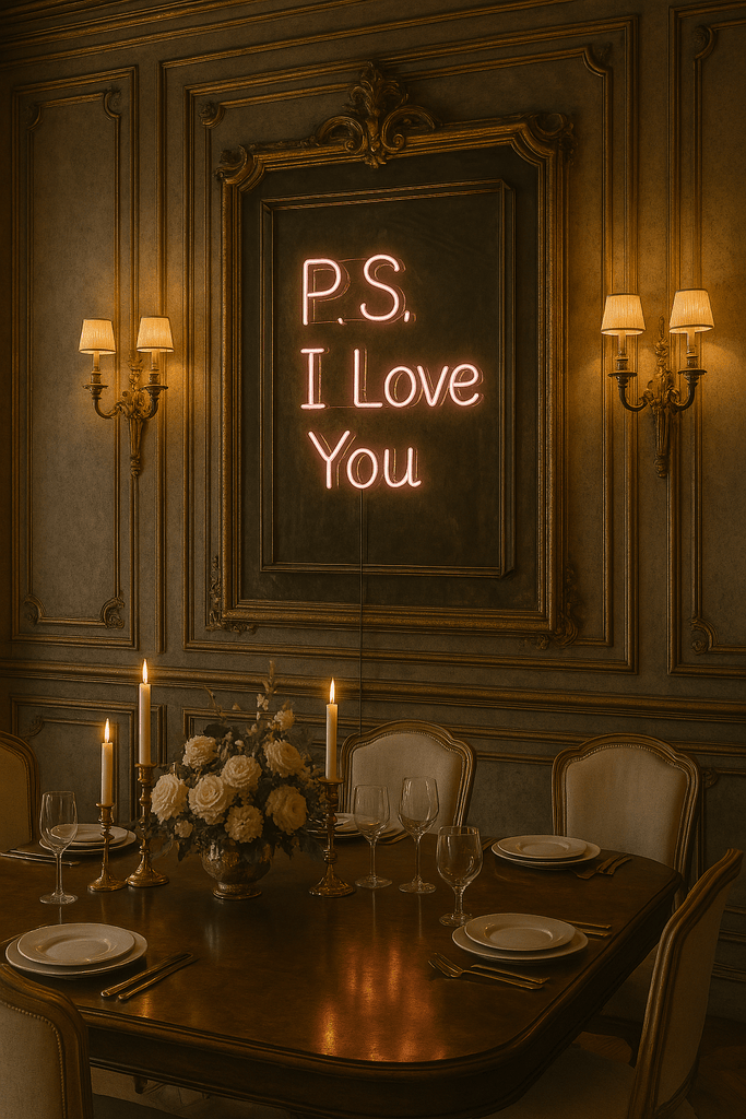 Custom glass neon sign 'P.S. I Love You' illuminating a romantic dining room with elegant decor.