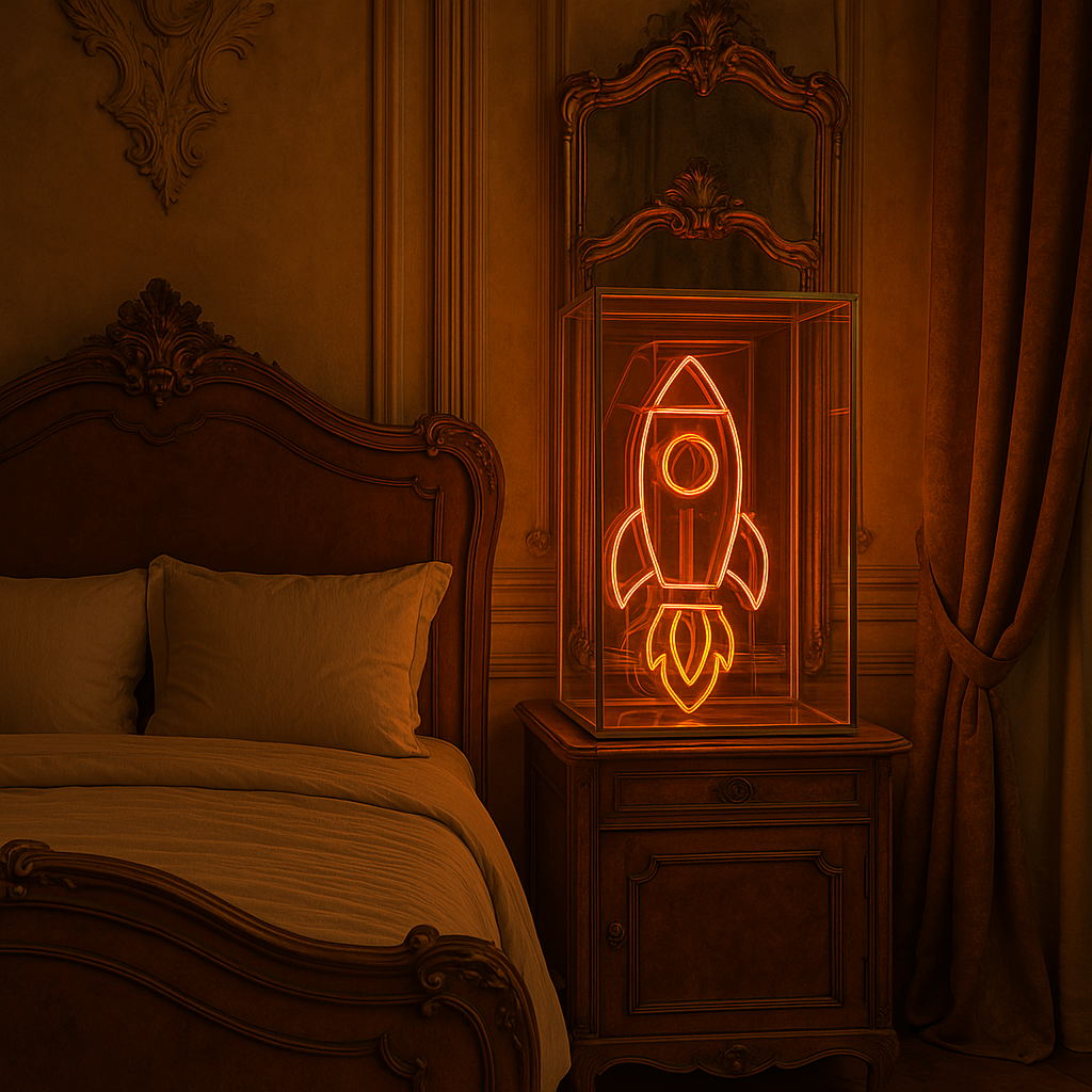 Custom glass neon sign 'Rocket' in a stylish bedroom setting, adding vibrant wall art with chic charm.