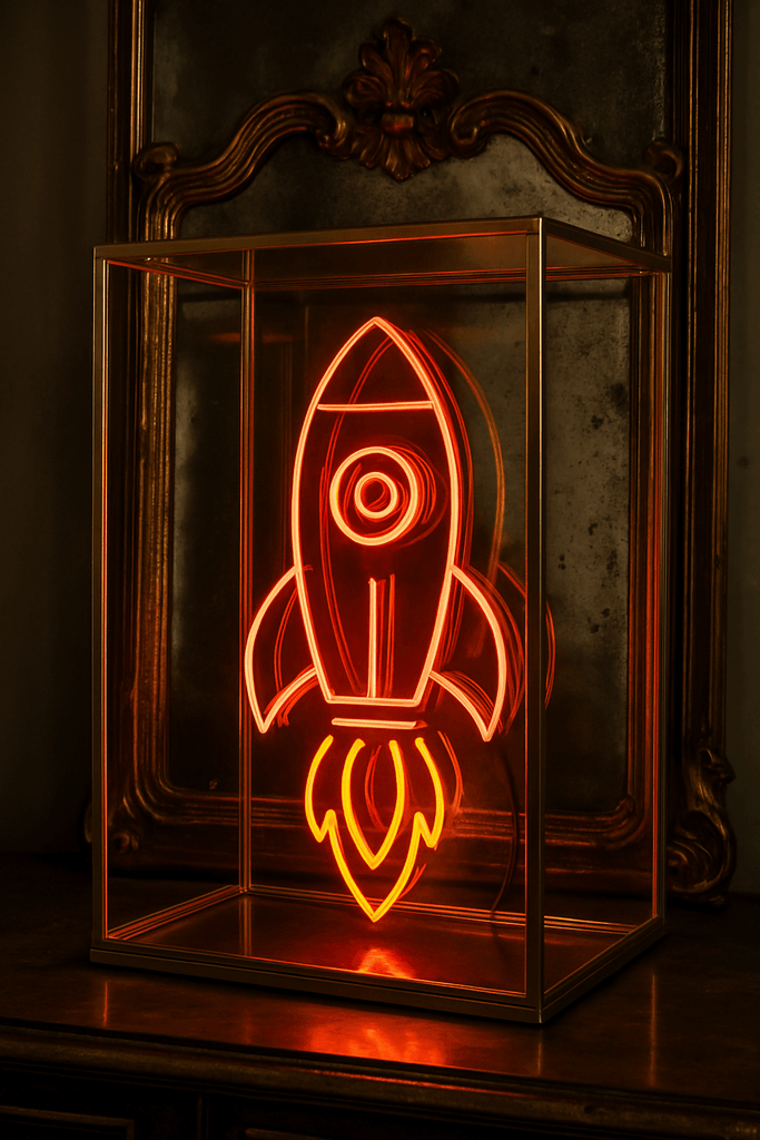 Custom glass neon sign of a rocket in vibrant red and orange colors, modern wall art for chic decor.