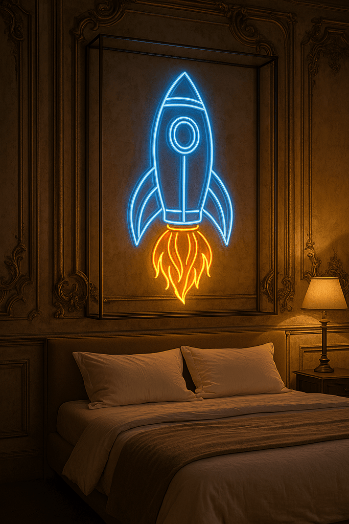Custom glass neon sign 'Rocket' in blue and orange, vibrant wall art above bed, chic bedroom decor.