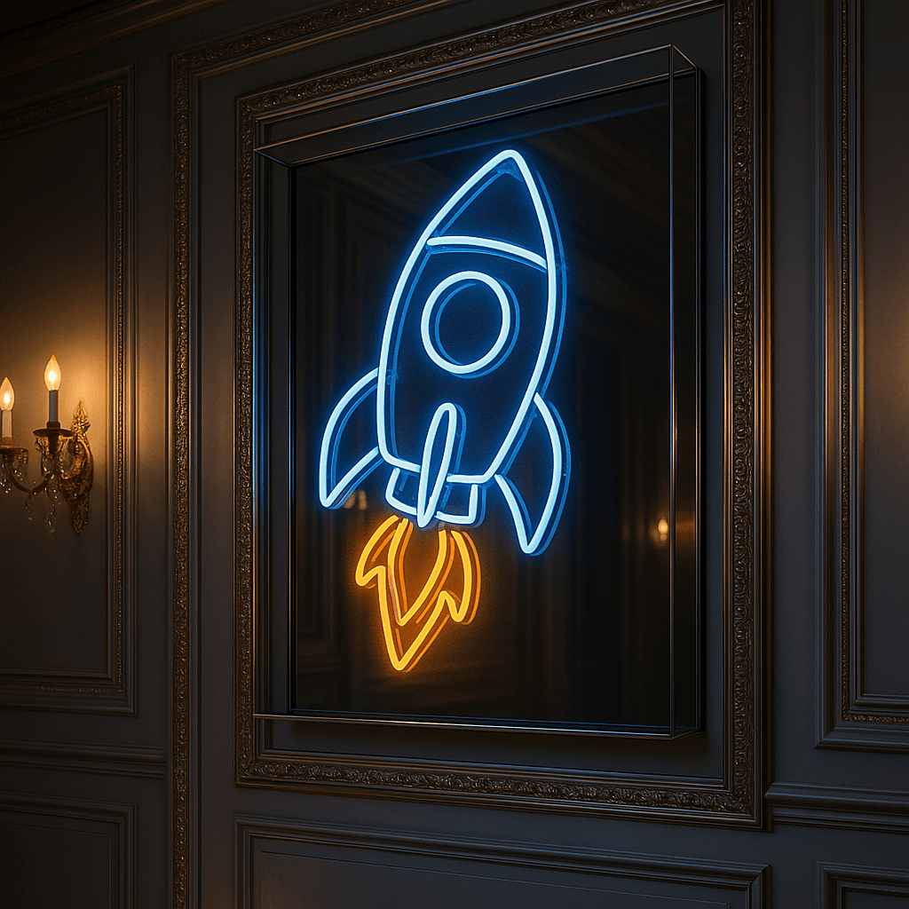Custom glass neon sign of a rocket in vibrant blue and orange, mounted on elegant wall decor.