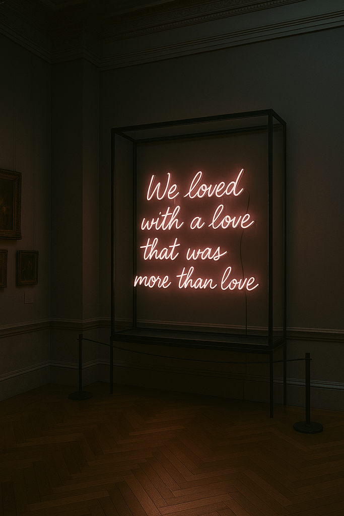 Custom glass neon sign featuring the phrase 'We loved with a love that was more than love' in vibrant pink colors.