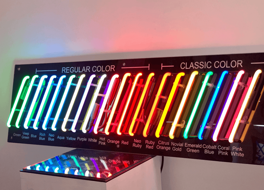 Color chart showing various real neon glass tube colors including green, blue, pink, red, and orange for signage.