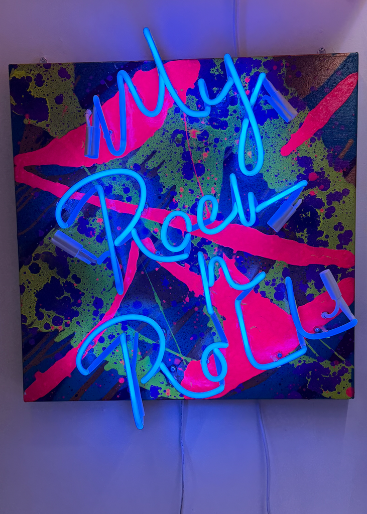 MY ROCK N ROLL, 2024 cobalt blue neon sign on acrylic canvas – handcrafted rock and roll wall art by Missy Sunseri x Duroque