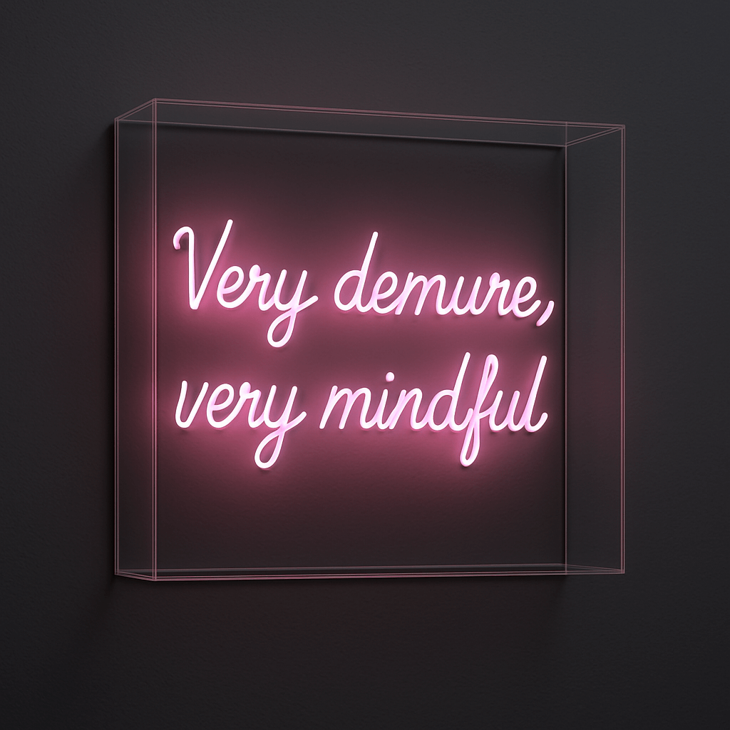 Pink LED neon sign reading 'Very demure, very mindful' on acrylic backing, perfect for chic wall art.