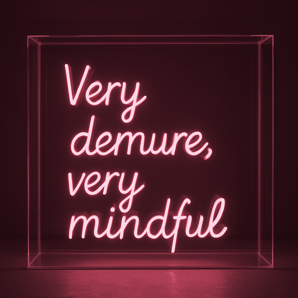 Very demure, very mindful LED neon sign in vibrant pink, contemporary wall art on clear acrylic backing.