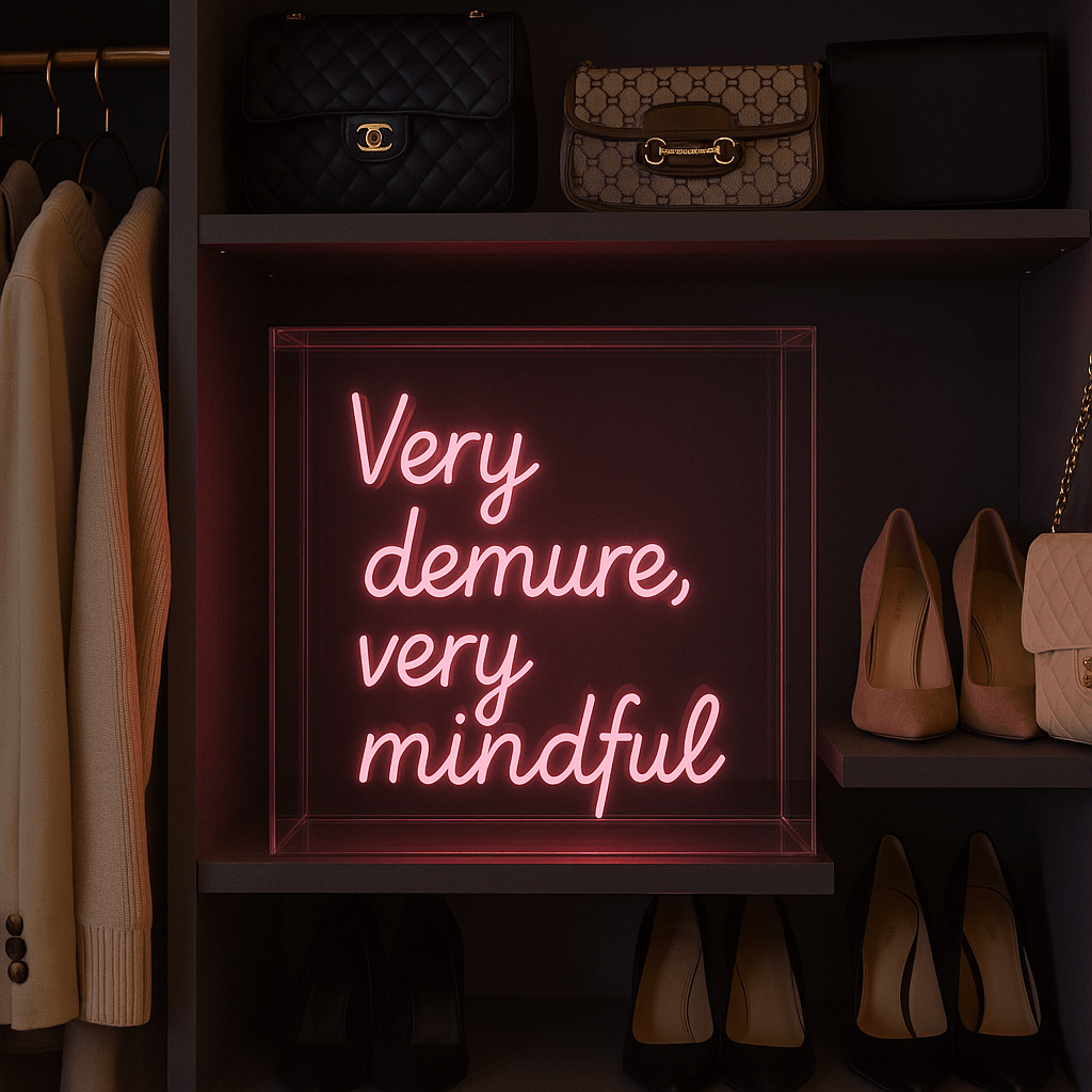 LED neon sign "Very demure, very mindful" in pink, mounted on clear acrylic backing, stylish wall art for modern decor.