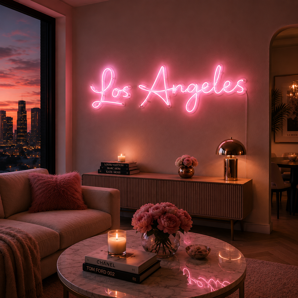Los Angeles custom pink real glass neon sign in luxury modern interior