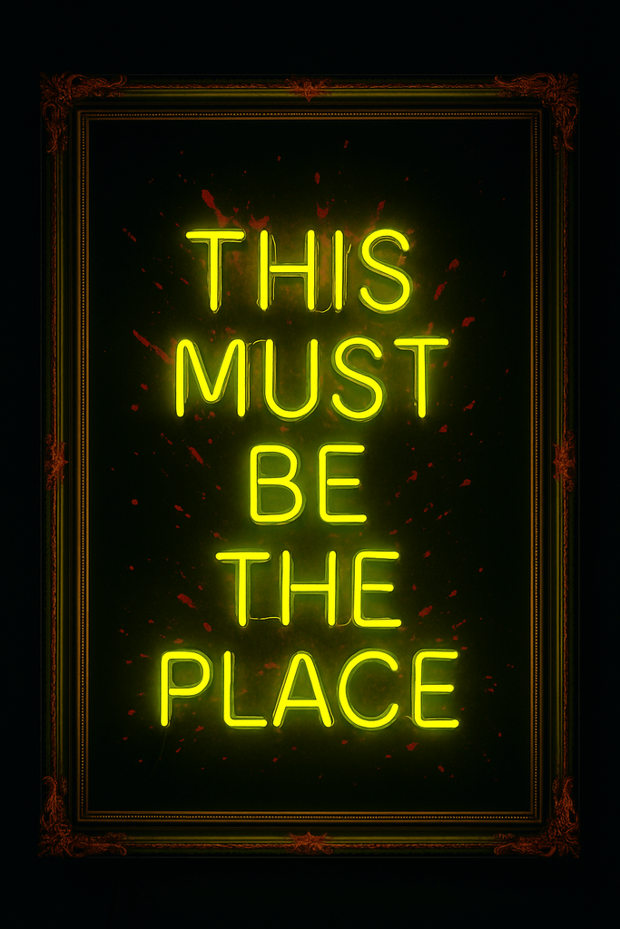 Real glass neon sign wall art with the phrase 'This Must Be The Place' in vibrant yellow against a dark background.