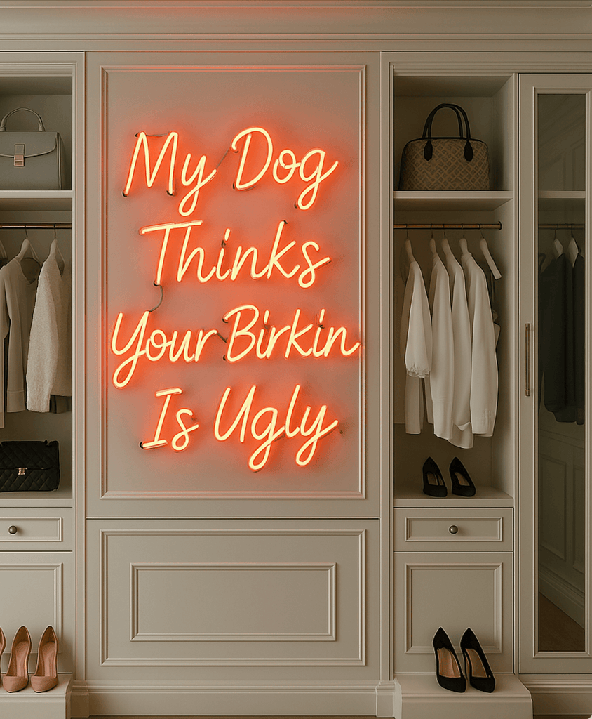 Bright orange glass neon sign reading 'My Dog Thinks Your Birkin Is Ugly,' stylishly displayed in a modern closet.