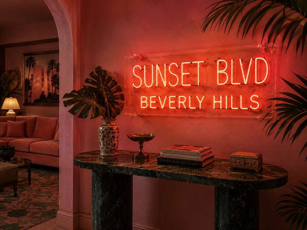 Luxury Sunset Blvd Beverly Hills real glass neon wall art styled in elegant Hollywood glam home interior with marble console and tropical accents.
