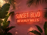 Luxury real glass Sunset Blvd Beverly Hills neon sign glowing with warm California ambiance, inspired by iconic Beverly Hills Hotel interiors and Hollywood glam decor.